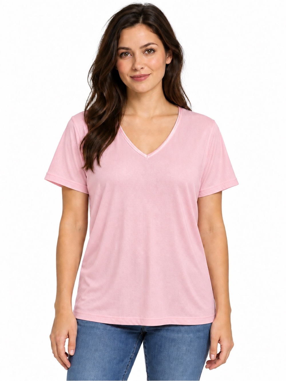 Basic Editions Women’s Medium Pink V-Neck Satin Trim Short Sleeve Tee Top NWT